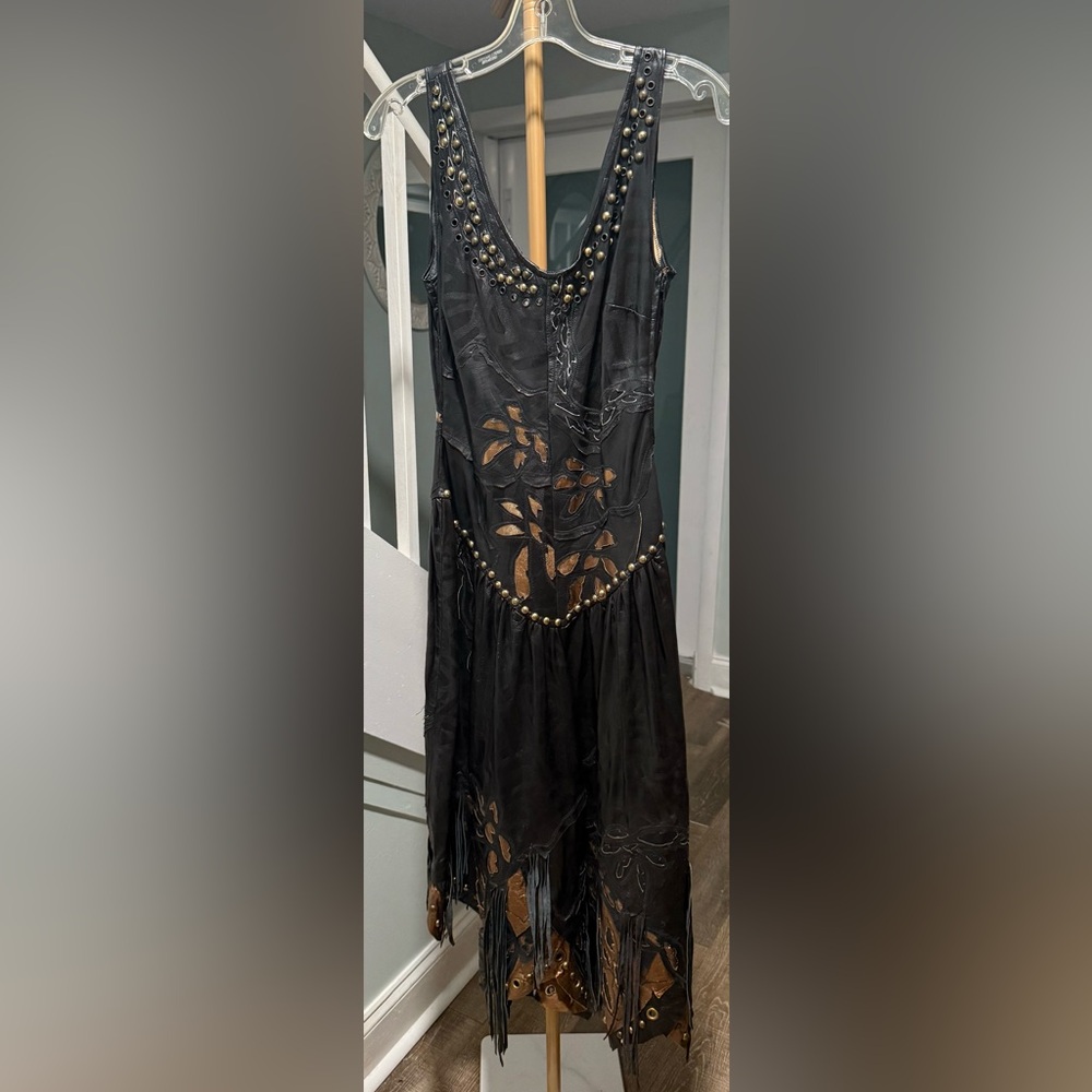 90s vintage Boho Studded Fringe Dress — Black & Bronze Cutout Detail leather - Picture 1 of 7